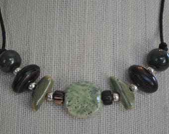 Green African Kazuri Ceramic Necklace with brown, sage, and silver, Unisex, leather
