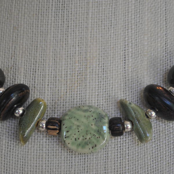 Green African Kazuri Ceramic Necklace with brown, sage, and silver, Unisex, leather