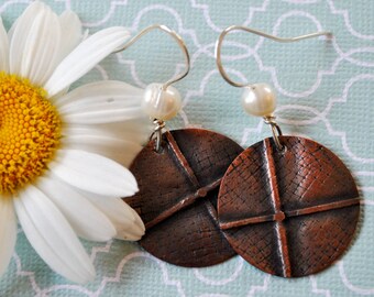 Copper and pearl earrings, hammered metal earrings, rustic earrings, artisan earrings