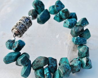 Chunky Genuine Turquoise nugget bracelet with Bali Sterling silver magnetic clasp