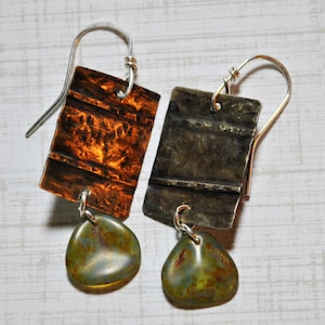 Silver nickel metal and Czech glass bead earrings, hammered metal earrings, rustic earrings, artisan earrings