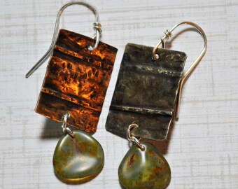 Silver nickel metal and Czech glass bead earrings, hammered metal earrings, rustic earrings, artisan earrings