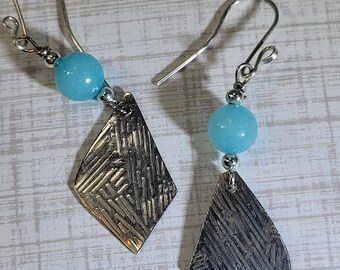 German silver earrings with blue Amazonite beads , textured metal earrings, artisan