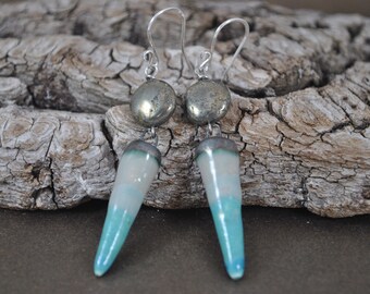Green ceramic earrings with pyrite beads, handcrafted jewelry, Boho