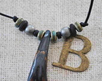 Men's Necklace of Tibetan Yak tooth with teal ceramic beads on black leather cord , minimalist