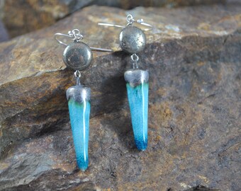 Teal ceramic earrings with pyrite beads, handcrafted jewelry, Boho