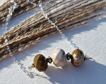 Brown and White Ocean Jasper stones on Sterling Silver chain necklace  boho, minimalist, simple