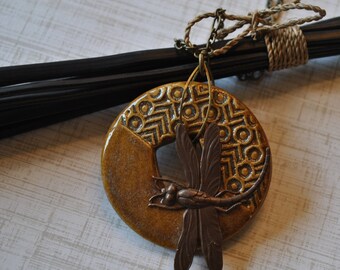 Brown Statement necklace with ceramic pendant, brass dragonfly and brass chain