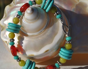 Colorful stone bracelet with turquoise and new jade stone beads, red and blue Czech glass beads, Bali sterling silver beads
