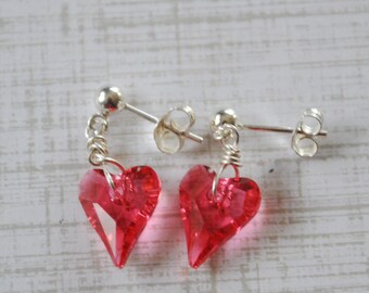 Hot Pink crystal Heart earrings, Valentine earrings, gift for her, love