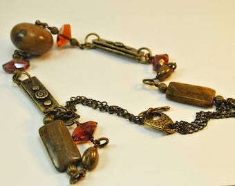 Ethnic Statement necklace set with Pietersite stone, crystals and brass accents