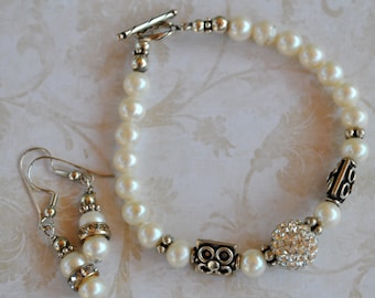 Pearl, crystal pave and sterling silver, sparkly bracelet set, handcrafted bracelet, wedding bracelet