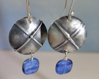German silver earrings with kyanite stones, folded metal earrings, artisan