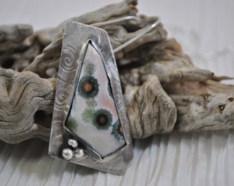 Beautifully marked Ocean jasper on sterling pendant on sterling silver necklace, white and green dotted gemstone