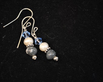 Leland blue stone earrings with freshwater pearls and Swarovski crystals, Up North Michigan, Lake Michigan, sterling earrings