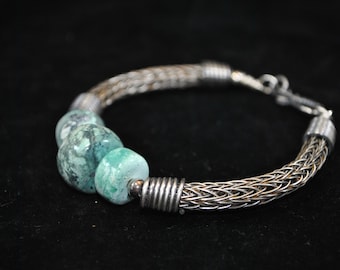 Sterling silver Viking Knit and Variscite Turquoise bracelet, wire jewelry, handcrafted, unisex