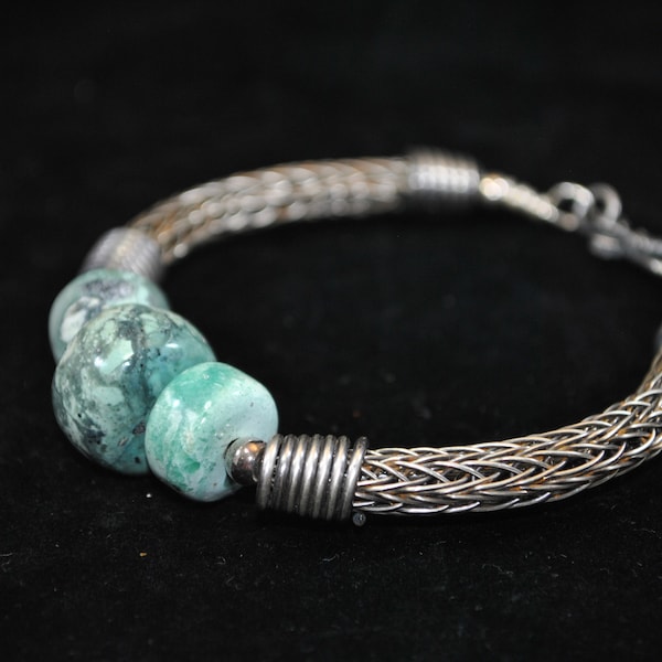 Sterling Silber Wikinger stricken und Variscite Türkis Armband, Draht Schmuck, handgefertigt, unisex