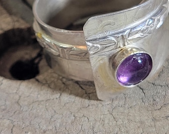 Sterling silver and Amethyst adjustable ring, textured metal, boho, sterling jewelry, handcrafted