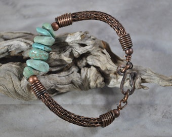 Copper Viking Knit and Turquoise bracelet, wire jewelry, handcrafted, unisex