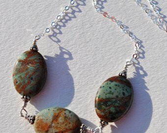 Three green opal stones wire wrapped on Sterling Silver chain necklace  boho, minimalist, simple