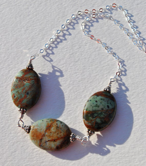Three green opal stones wire wrapped on Sterling Silver chain necklace  boho, minimalist, simple
