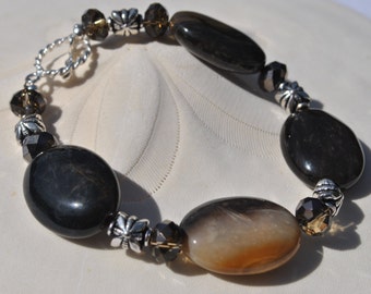 Petrified Wood Chocolate Brown Bracelet with mocha crystals, Bali sterling silver beads and toggle clasp.
