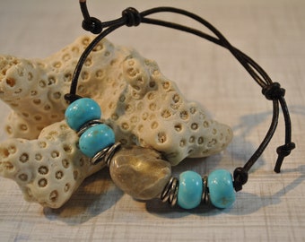 Petoskey Stone Bracelet on leather with turquoise (Howlite) stone beads, Up North, bracelet, Michigan, adjustable