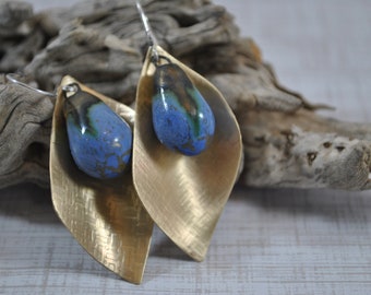 Brass and blue ceramic earrings, vibrant, handcrafted jewelry, Boho