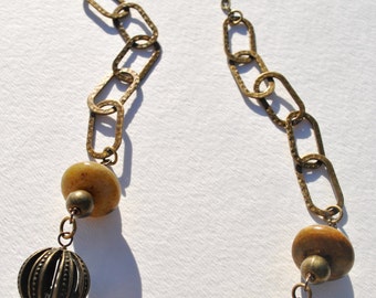 Brown Statement necklace set with green opal stone, serpentine stone and brass beads and chain