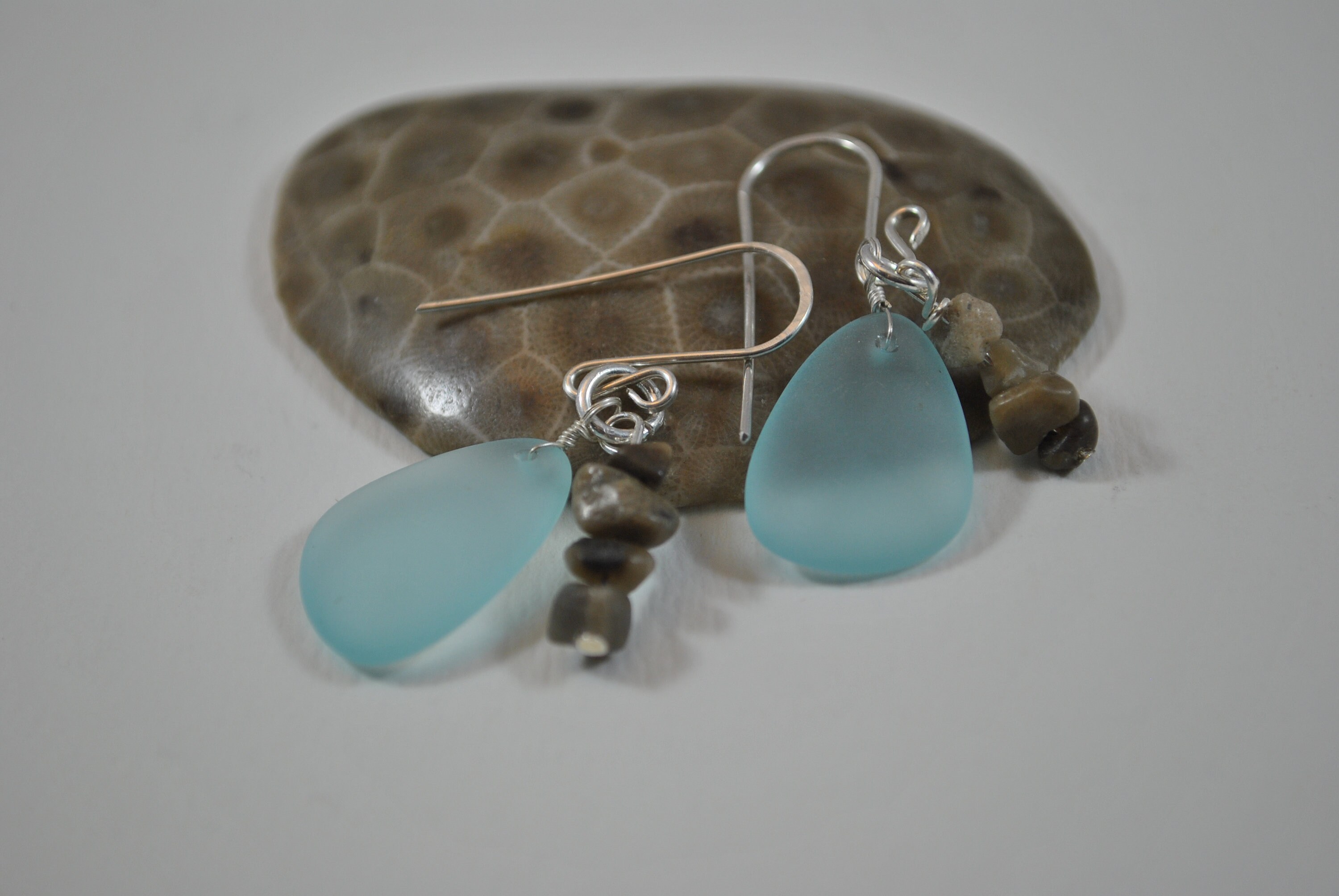 Petoskey Stone Nugget And Blue Beach Glass Earrings Up