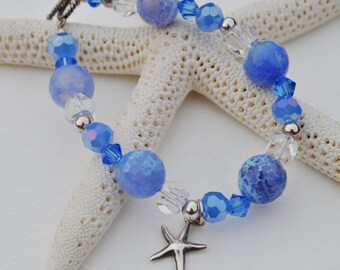 Blue Agate Starfish bracelet set with blue Czech glass, Swarovski blue crystals, clear crystals and sterling silver