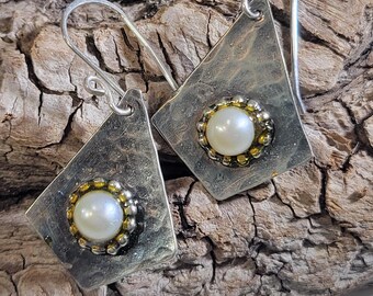 German silver and pearl earrings, hammered metal, rustic artisan earrings