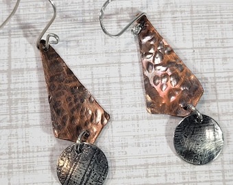 Artisan Copper and German silver dangling earrings, textured metal earrings