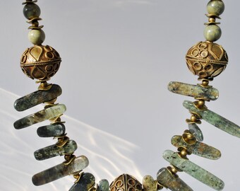 Green Kyanite sticks necklace set with brass focal beads and green silver mist jasper stones, Ethnic necklace