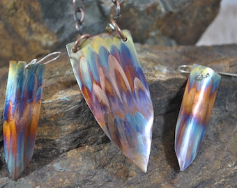 Flame Painted Copper pendant necklace set, colorful, OOAK, gift, unique jewelry