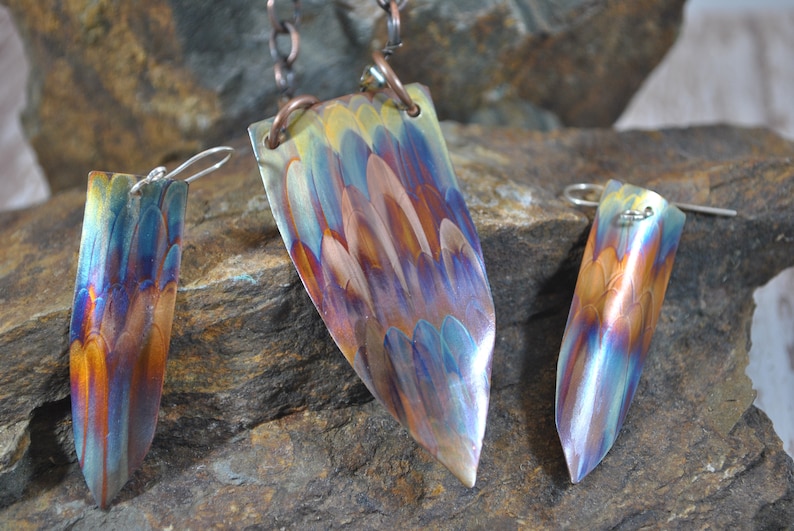 Flame Painted Copper pendant necklace set unique jewelry colorful OOAK gift