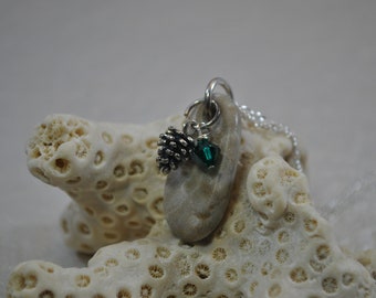 Petoskey Stone necklace with sterling pine cone charm, green Swarovski crystal , Michigan necklace, Up North