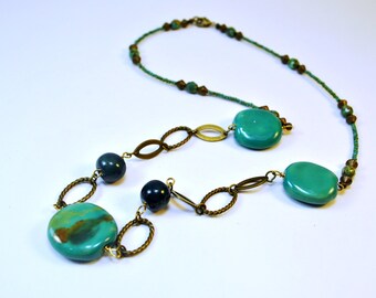 Teal Kazuri Ceramic Necklace Set with brass chain, African bead necklace