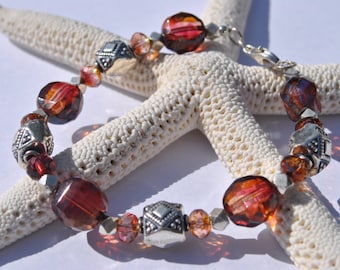 Sangria Red Czech glass bracelet with Bali sterling silver beads