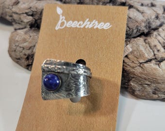 Sterling silver and blue Lapis Lazuli adjustable ring, boho, wide band, floral design