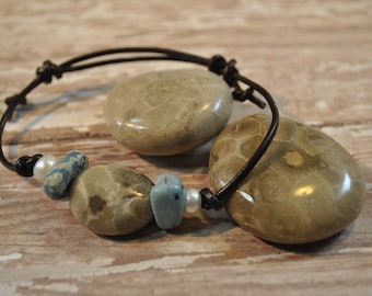 Leland Blue Stone and Petoskey bracelet with freshwater pearls and leather, Up North, Michigan bracelet