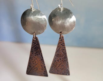 Artisan Copper and German silver dangling earrings, textured metal earrings