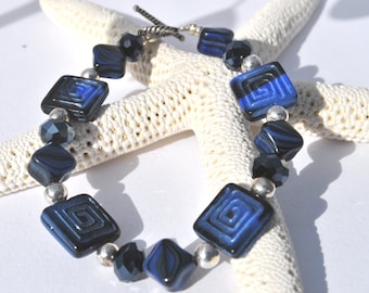 Intricate square carved deep blue Czech glass and cystal bracelet with coordinating earrings
