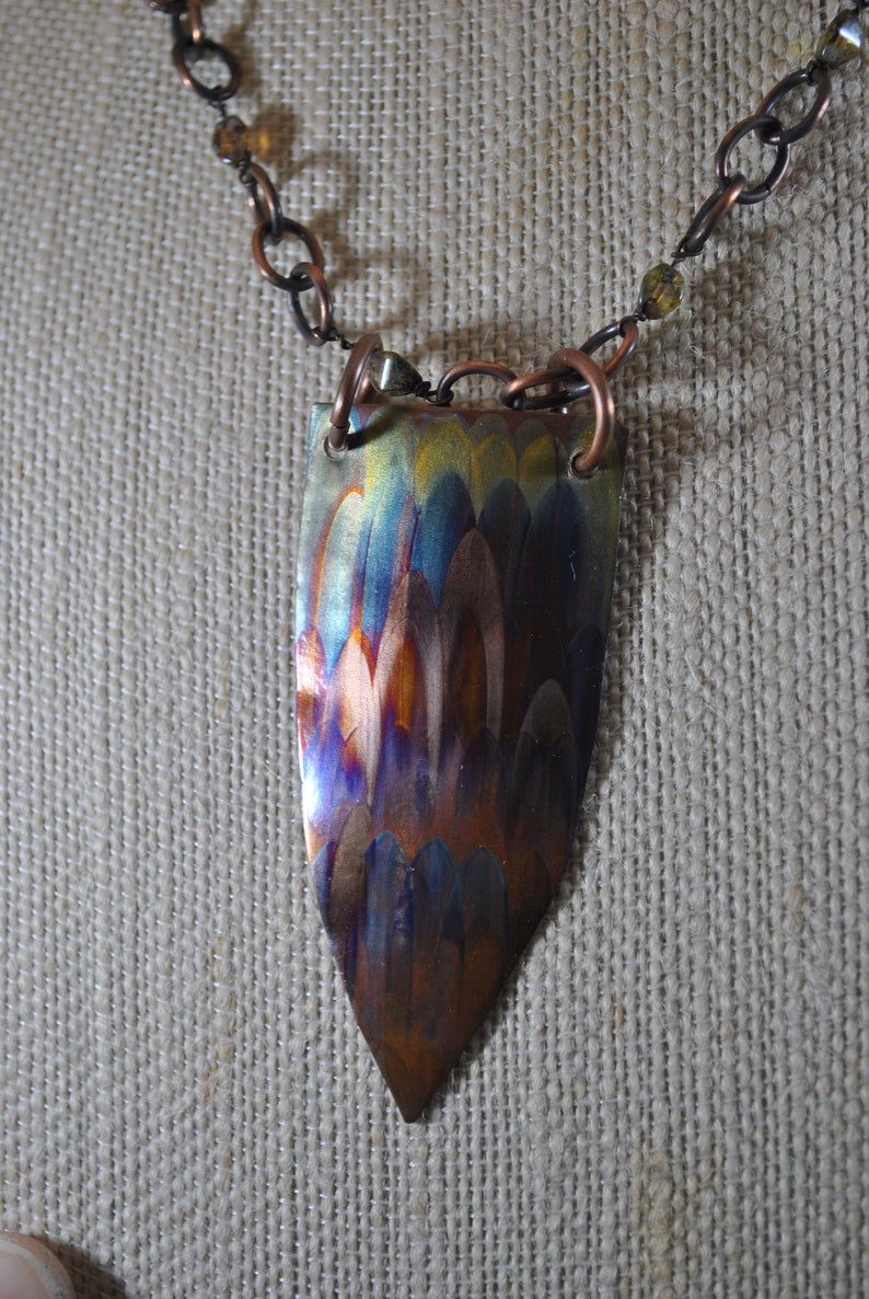 Flame Painted Copper pendant necklace set unique jewelry colorful OOAK gift