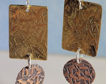 Mixed metal Copper and brass dangling earrings, textured earrings, artisan