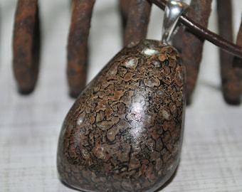 Men's Brown Fossilized Dinosaur Bone Necklace pendant on brown leather cord simple, boho, minimalist