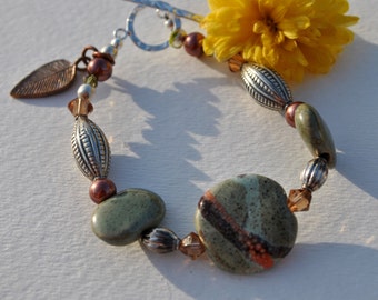 Chunky  Sage, brown, and copper African Kazuri Ceramic bracelet set with Swarovski crystals and Bali sterling silver beads