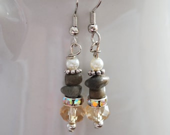 Petoskey stone nugget earrings with crystals, rhinestones, and pearls, Lake Michigan, Up North jewelry