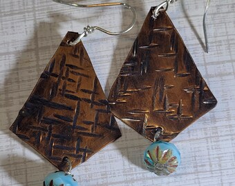 Artisan Copper and blue Czech glass dangling earrings, textured metal earrings