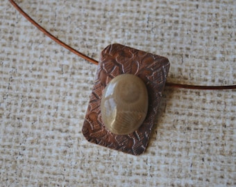 Petoskey stone and copper Pendant necklace, rustic, Michigan necklace, metal necklace